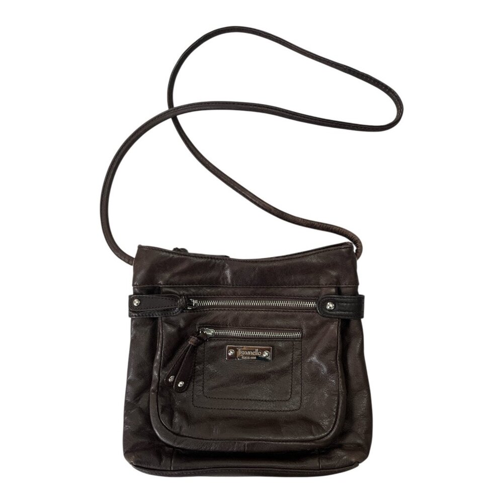 Tignanello Brown Leather Crossbody Bag – Striped Satin Lining, Multi-Pocket Orga